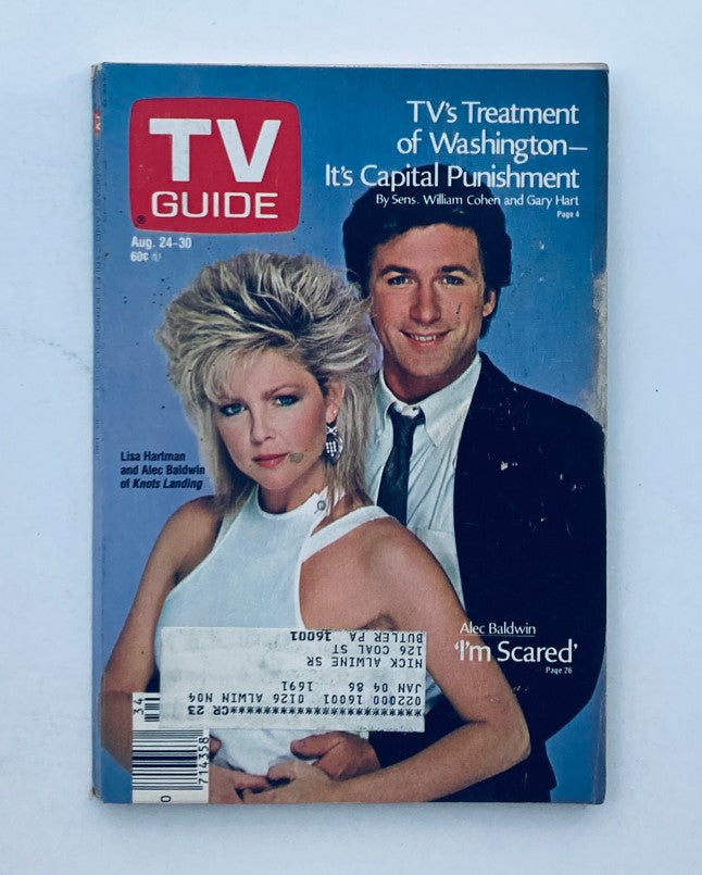 Vintage TV Guide Magazine from August 24, 1985 featuring Alec Baldwin and Lisa Hartman on the cover. The magazine discusses TV's portrayal of capital punishment and includes a feature on Alec Baldwin's film 'I'm Scared.'