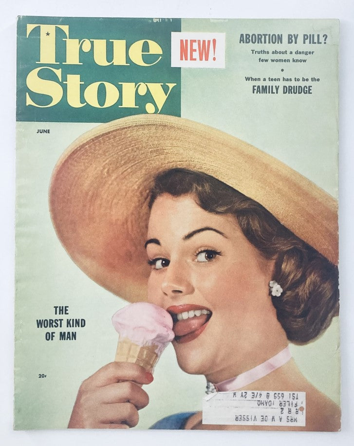 Cover of VTG True Story Magazine June 1954 Volume 69 Number 11 featuring a woman with an ice cream cone, highlighting Myrna Hansen as Miss Cover Girl.