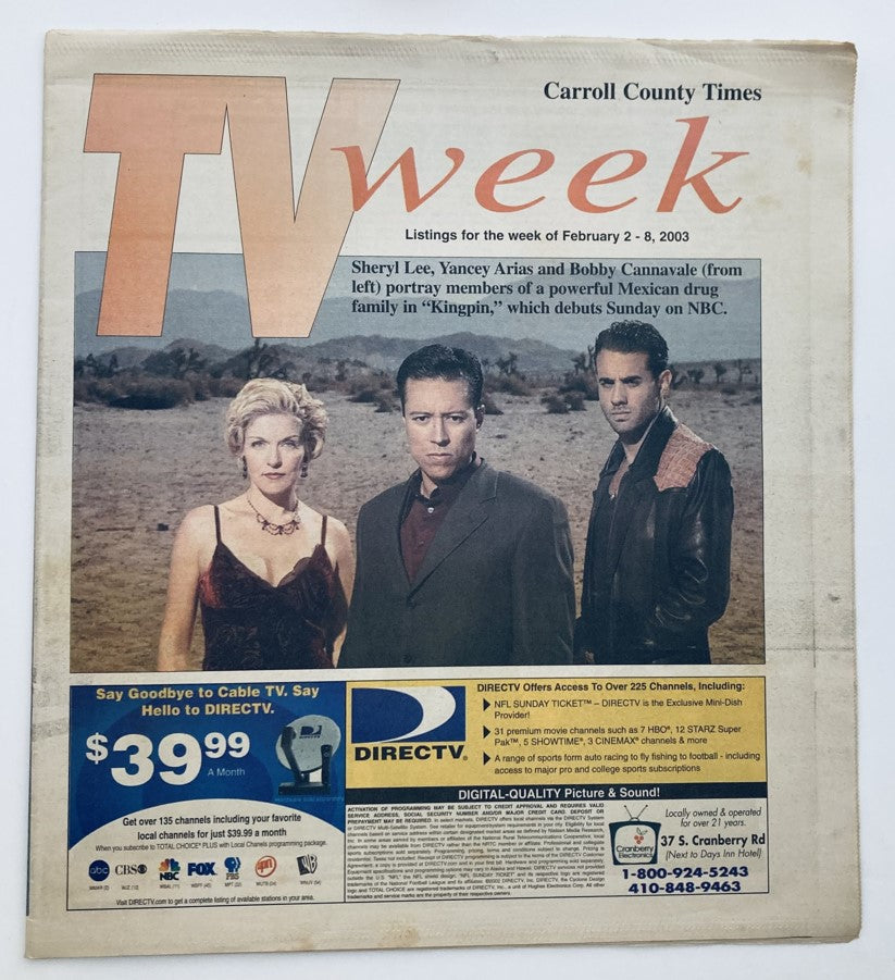TV Week Magazine February 2 2003 featuring Sheryl Lee, Bobby Cannavale, and Yancey Arias on the cover, showcasing listings for television shows.