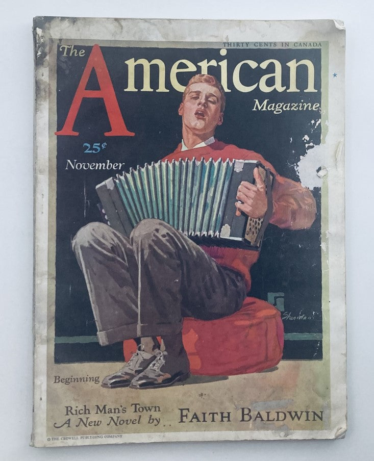 Cover of VTG The American Magazine November 1931, Vol 112 No. 5 featuring an illustration of a young man with an accordion, titled 'Rich Man's Town'.