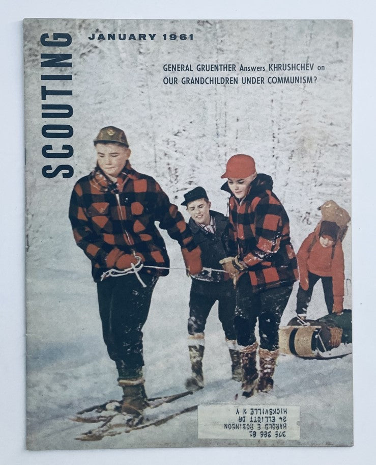 Cover of VTG Scouting Magazine January 1961 featuring General Gruenther's analysis of Khrushchev, with children in winter attire on snowy terrain.