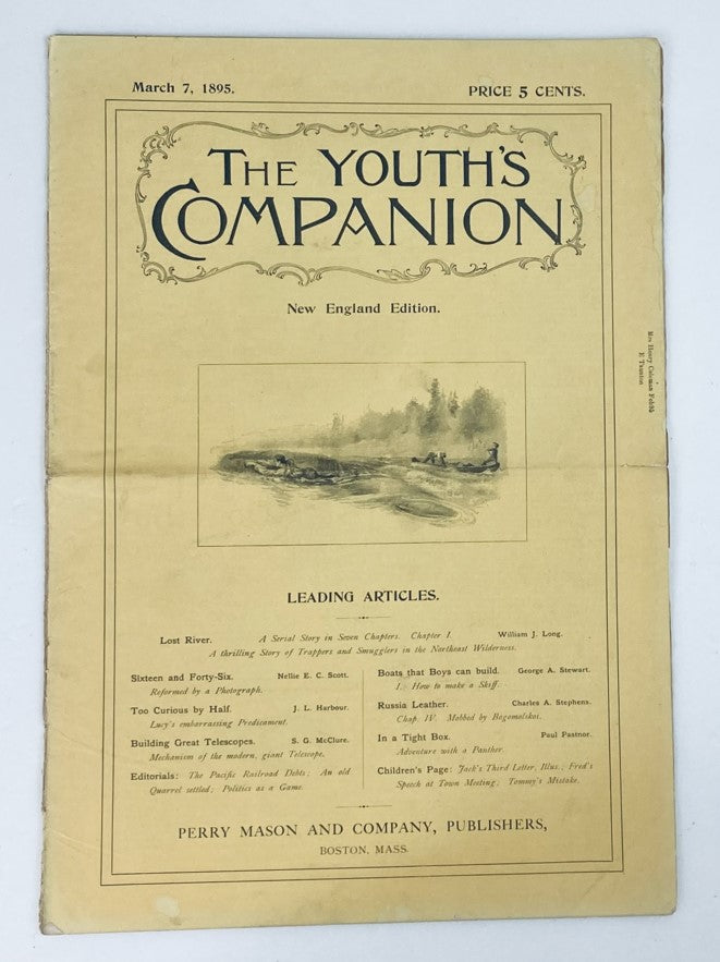 Cover of The Youth's Companion Magazine, March 7, 1895, showcasing vintage design and leading articles such as Lost River and Silken and Perry Sir. A collectible historical artifact.