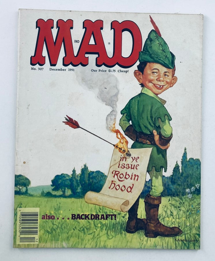 Cover of Mad Magazine December 1991 No. 307, featuring a whimsical Robin Hood character with an arrow and a humorous expression, showcasing vintage comic art.