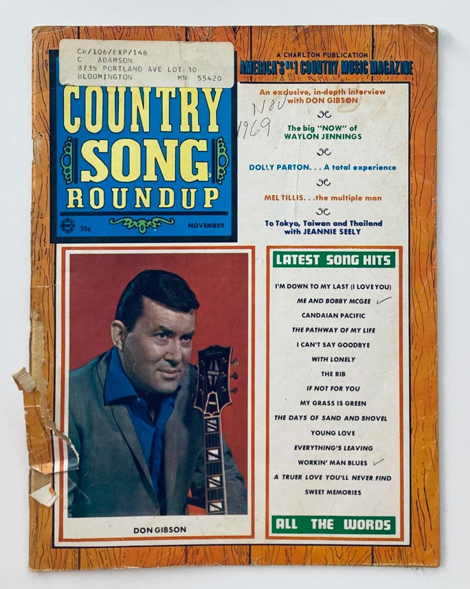 VTG Country Song Roundup Magazine November 1969 cover featuring Don Gibson with sections highlighting Dolly Parton and Waylon Jennings.