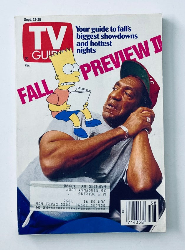 TV Guide Magazine September 22 1990 featuring Bill Cosby and Bart Simpson on the cover. The cover highlights the fall preview with an illustration of Bart Simpson beside Bill Cosby, set against a colorful design.