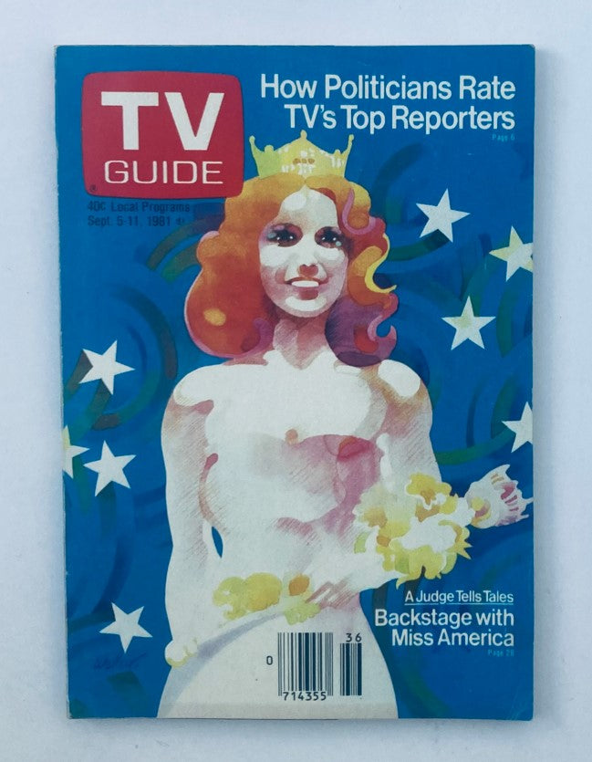 TV Guide Magazine September 5 1981 featuring Miss America, showcasing a vibrant cover illustration with gold accents and a background of stars, highlighting the edition's focus on backstage insights.
