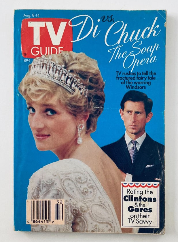 TV Guide Magazine August 8 1992 featuring Princess Diana and Prince Charles on the cover, highlighting their royal story. The magazine showcases a vintage style with a dramatic representation of the couple.