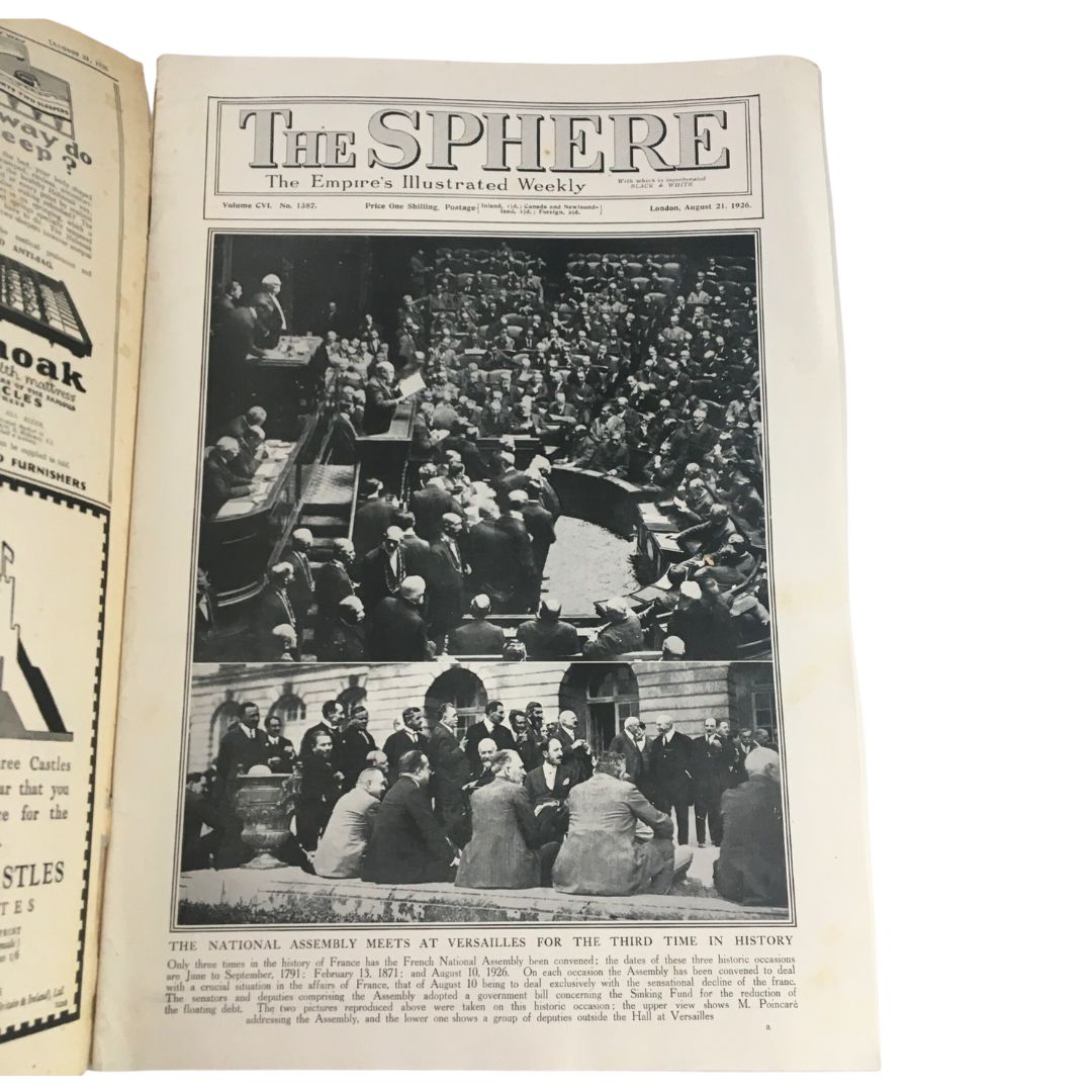 The Sphere Newspaper dated August 21, 1926, depicting the National Assembly meeting at Versailles with an image of politicians in discussion.