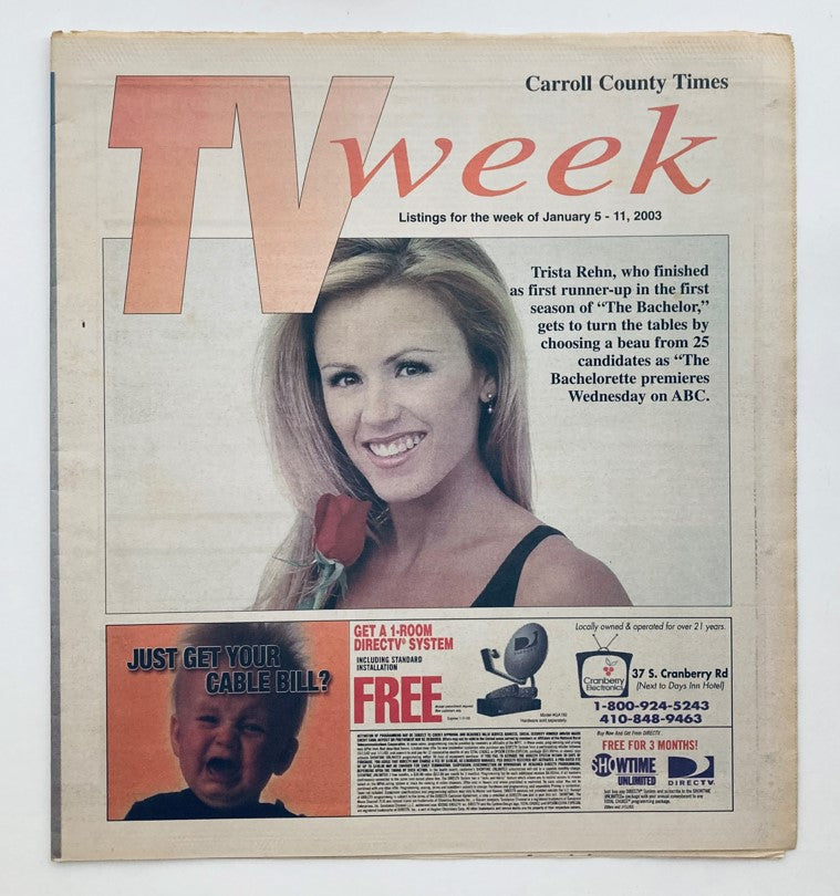 TV Week Magazine January 5 2003 featuring Trista Rehn from The Bachelor, showcasing her photo with a rose, highlighting her status as a reality TV star.