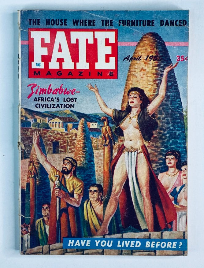 Cover of VTG Fate Magazine April 1955 Vol 8 No. 4 featuring the theme 'Africa's Lost Civilization', displaying vivid artwork of ancient figures and structures.