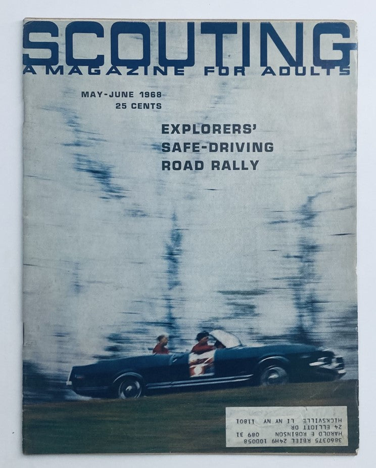 Cover of VTG Scouting Magazine from May 1968, Volume 56, Number 5, featuring a vintage scene with a car and the text 'Explorers' Safe-Driving Road Rally'.