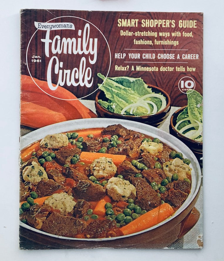 Cover of VTG Family Circle Magazine January 1961 featuring the title 'Smart Shopper's Guide', highlighting dollar-stretching tips with an image of a hearty beef dish and fresh vegetables, inviting collectors of vintage magazines.