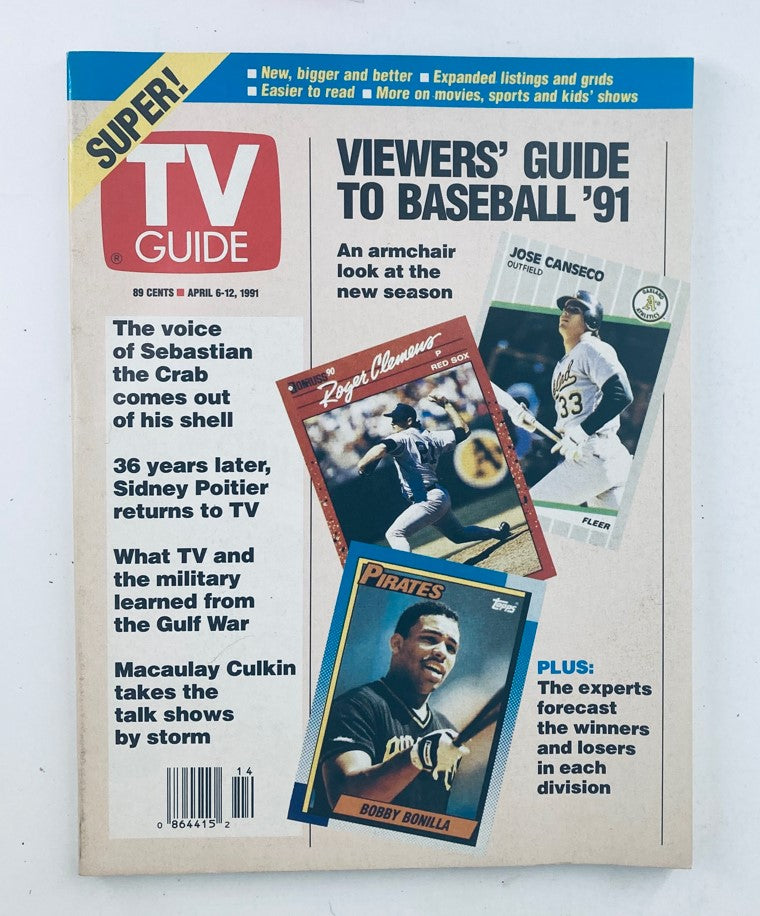 Cover of TV Guide Magazine April 6, 1991, issue number 1984, featuring baseball players Jose Canseco and Roger Clemens, highlighting the 1991 baseball season.