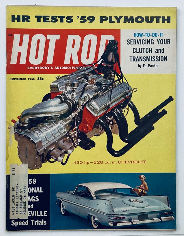 Cover of VTG Hot Rod Magazine, November 1958, Volume 11, Number 11 featuring the Small Chevrolet V8 Hustler, showcasing an engine along with classic car imagery.