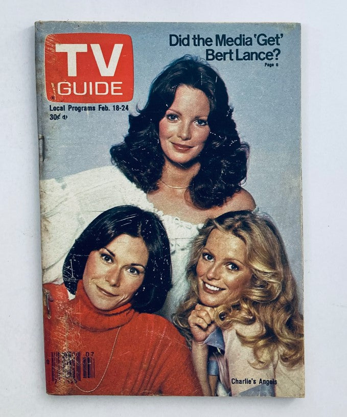 TV Guide Magazine cover from February 18, 1978 featuring Charlie's Angels, showcasing famous characters from the show. The magazine discusses media coverage of Bert Lance with a vibrant cover design, ideal for collectors of vintage TV memorabilia.
