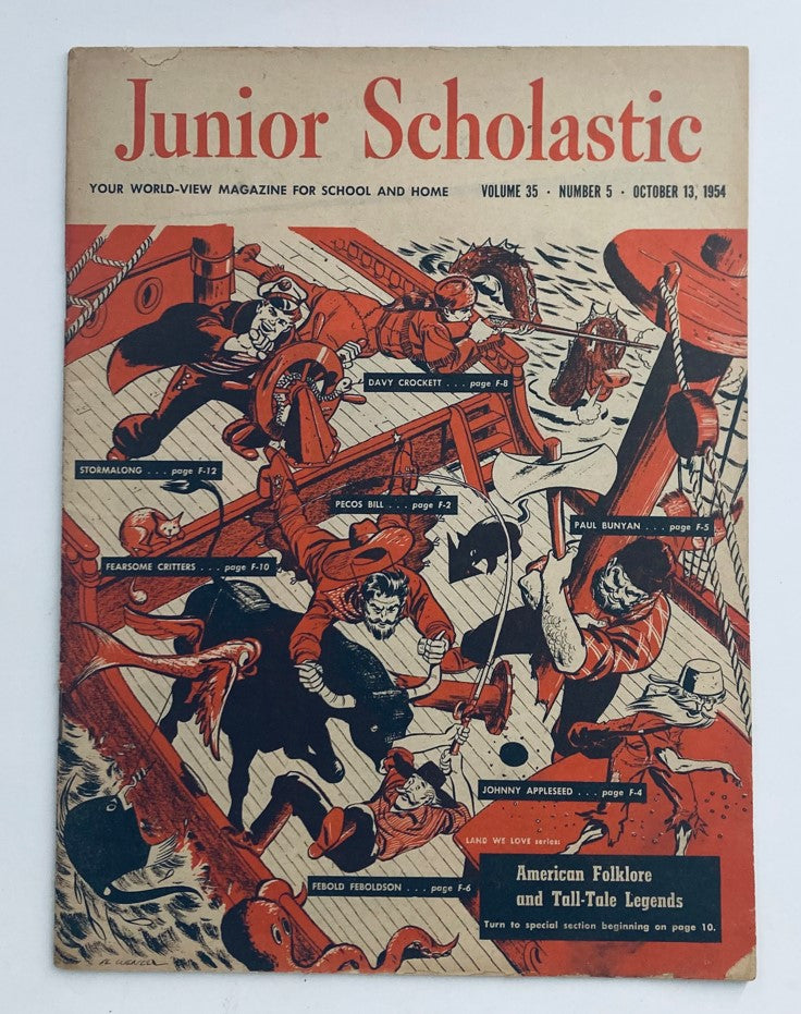 Cover of Junior Scholastic Magazine October 13, 1954, Volume 35, Issue #5 featuring American Folklore with illustrations of folklore characters such as Davy Crockett, Pecos Bill, and Paul Bunyan.