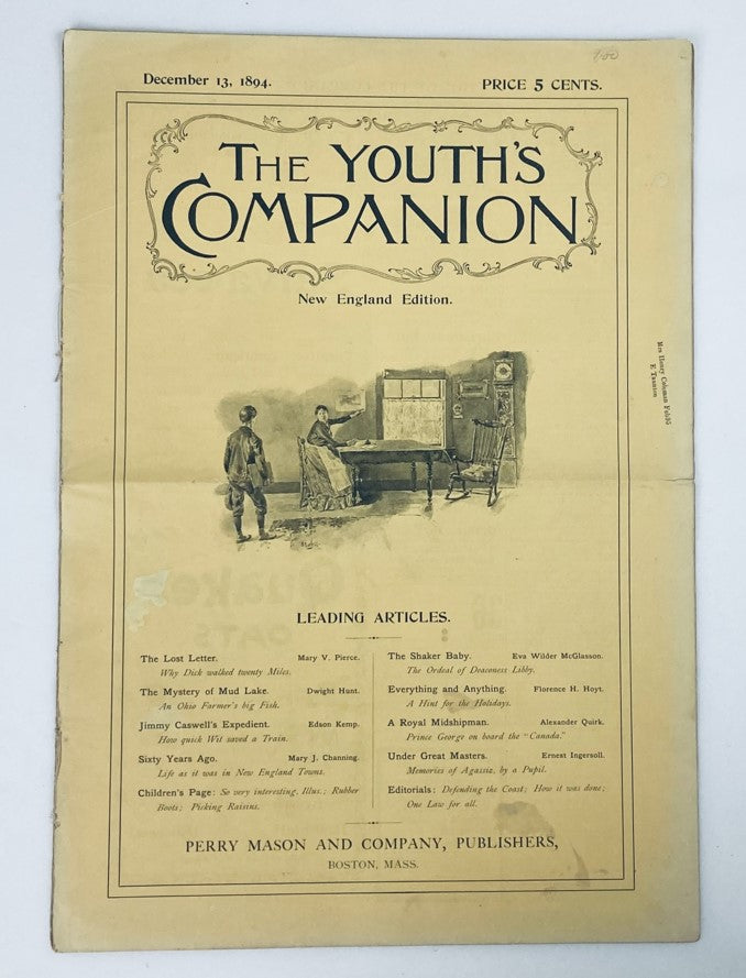 Cover page of The Youth's Companion Magazine December 13, 1894 featuring leading articles and a vintage design, published by Perry Mason and Company.