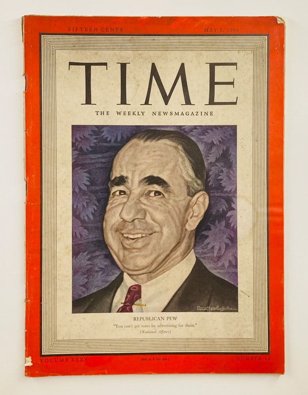 Vintage Time Magazine cover from May 6, 1940, Volume 35, Number 19, featuring Joseph N. Pew Jr. with a colorful background and a prominent Title logo.