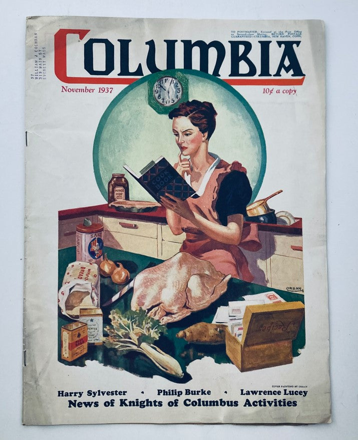 Cover of VTG Columbia Magazine November 1937 featuring a woman reading in a kitchen, highlighting Knights of Columbus activities.