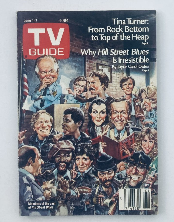 TV Guide Magazine cover from June 1, 1985, featuring a caricature illustration of Tina Turner and various characters, highlighting the topic 'From Rock Bottom to Top of the Heap' and 'Why Hill Street Blues Is Irresistible'.