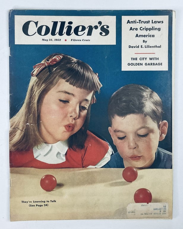 Cover of VTG Collier's Magazine May 31 1952 Vol 129 No. 22 featuring children playing with red balls and the headline 'City with Golden Garbage'.
