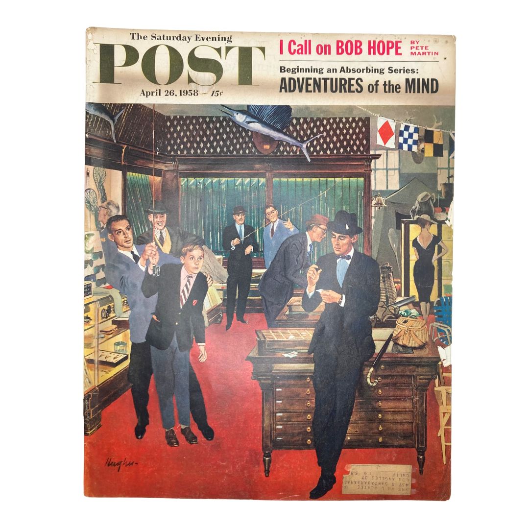 Cover of the Saturday Evening Post Magazine April 26 1958 featuring artwork titled 'Old Man's Fancy' by George Hughes, depicting a scene in a fashionable store with several men engaged in various activities.