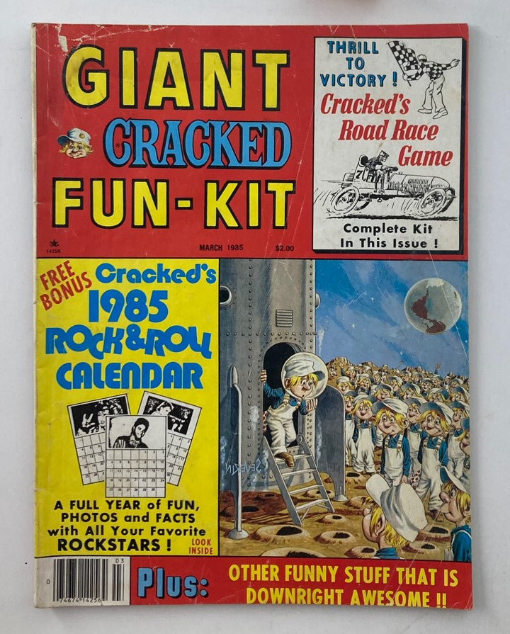 Cover of VTG Giant Cracked Magazine March 1985 featuring Rockstars Calendar 2.0, showcasing bold colors and illustrations of rock icons.