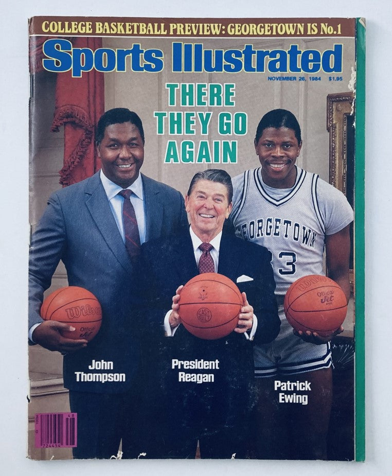 Cover of Sports Illustrated Magazine, November 26, 1984 featuring Ronald Reagan, Patrick Ewing, and John Thompson, highlighting the intersection of sports and politics from the 1980s.