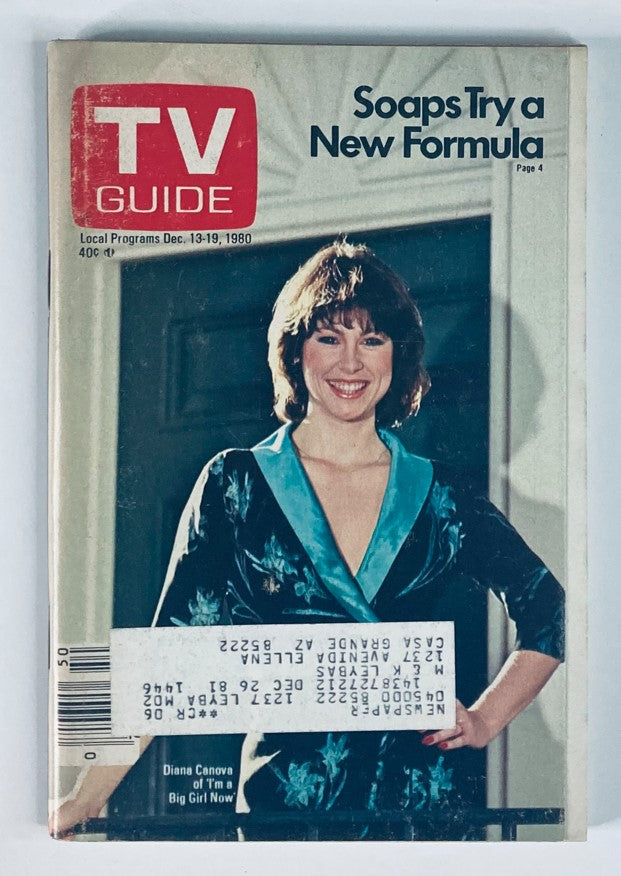 Cover of TV Guide Magazine December 13 1980 issue featuring Diana Canova, showcasing the headline "Soaps Try a New Formula" with a vibrant photograph of Canova smiling in a teal robe, reflecting the pop culture and television excitement of the early 1980s.