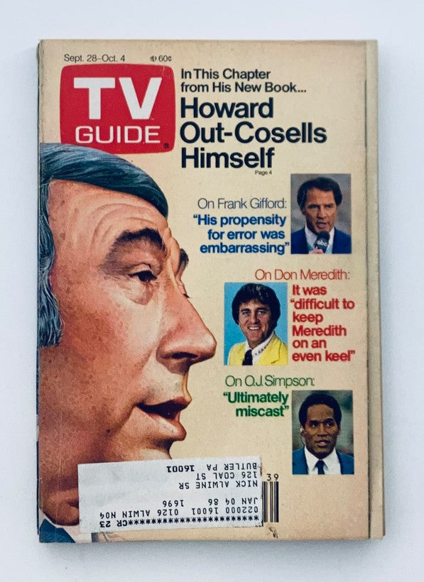 Cover of TV Guide Magazine dated September 28, 1985 featuring Frank Gifford with quotes discussing his TV presence, along with highlights about Don Meredith and O.J. Simpson. Ideal for collectors of vintage television memorabilia.