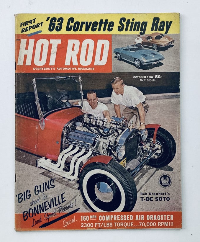Cover of Hot Rod Magazine October 1962 featuring Bob Urquhart's T-De Soto and articles on classic American automotive culture.