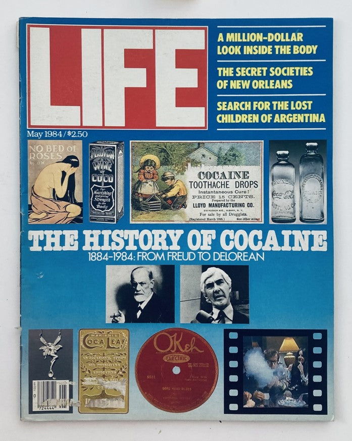 Cover of Life Magazine May 1984 Vol 7 No. 5 featuring articles on the history of cocaine, secret societies, and a million-dollar look inside the body, highlighting the cultural significance of the 1980s.