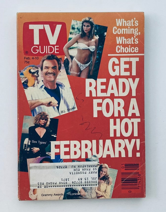 TV Guide Magazine cover for February 4, 1989 featuring B.L. Stryker, vivid colors, and the headline 'GET READY FOR A HOT FEBRUARY!'. The cover includes images related to television shows and a swimsuit model.