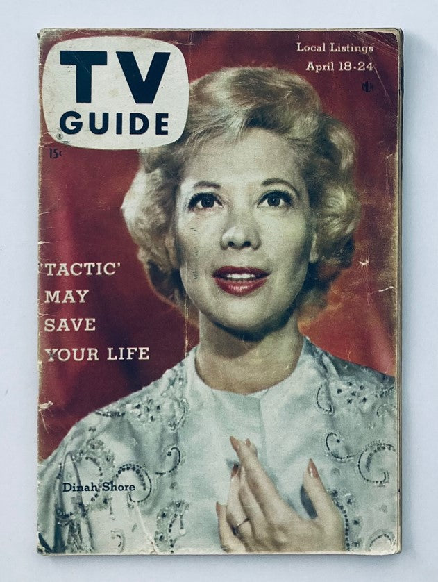 Historical TV Guide Magazine from April 18, 1959 featuring Dinah Shore on the cover. This edition, number #316, showcases mid-century television nostalgia and is a rare collector's item.
