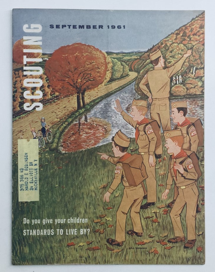Cover of VTG Scouting Magazine September 1961 Vol 49 No. 7 featuring colorful illustrations of scouts enjoying nature and engaging in outdoor activities.