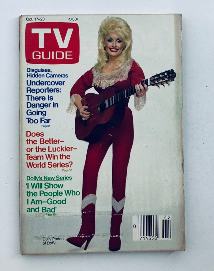 Cover of TV Guide Magazine October 17 1987 featuring Dolly Parton in a red outfit holding a guitar, highlighting topics like disguises and a new series from Dolly.