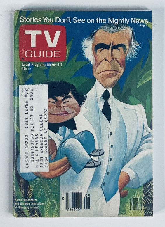 TV Guide Magazine March 1 1980 #1405 featuring Herve Villechaize and Ricardo Montalban on the cover, showcasing a vintage illustration with tropical background.