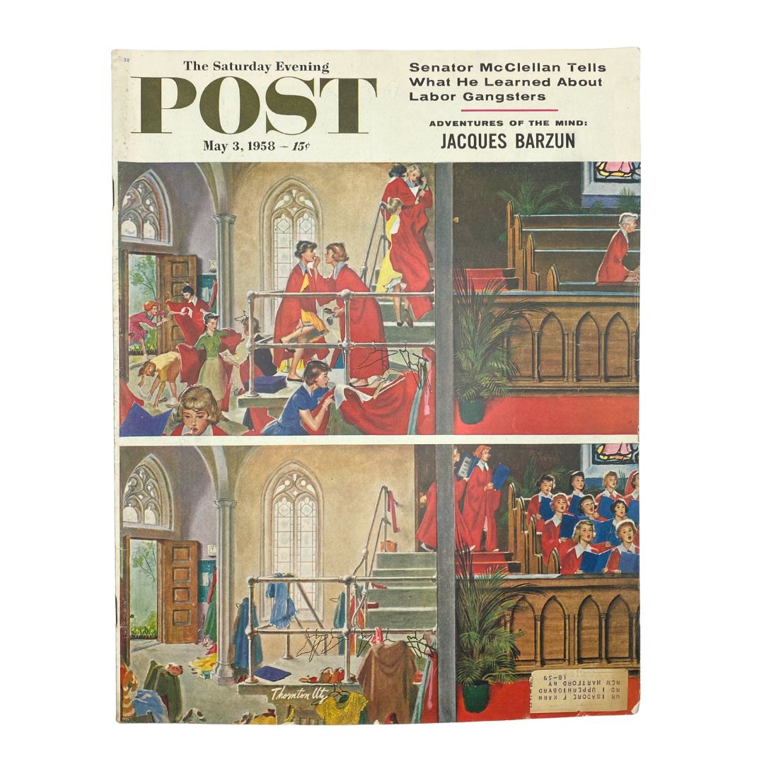 Cover of Saturday Evening Post Magazine from May 3, 1958 featuring artwork by Thornton Utz depicting a choir and an organist, showcasing mid-century Americana.