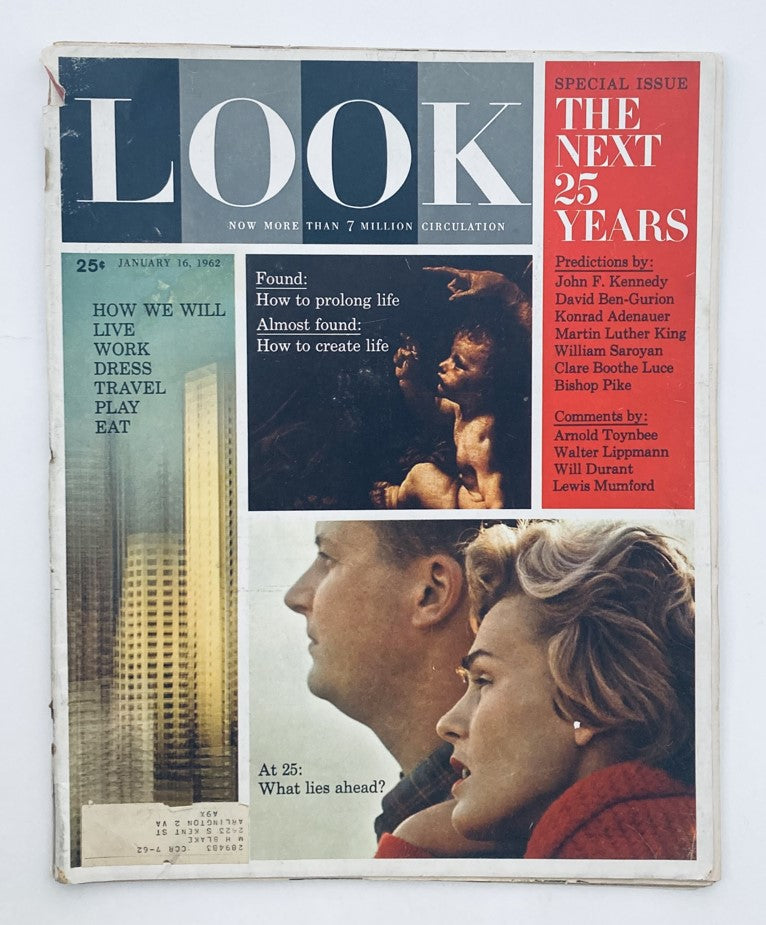 Cover of VTG Look Magazine January 16 1962 featuring predictions by John F. Kennedy, showcasing themes of future living, societal trends, and significant contributors to the publication.