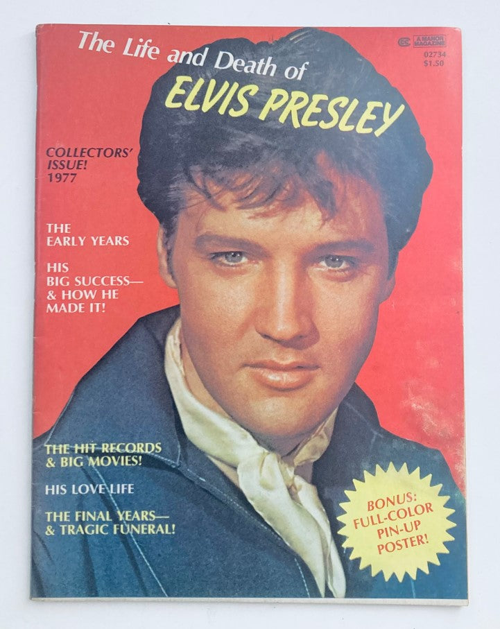 Vintage Manor Magazine 1977, featuring 'The Life and Death of Elvis Presley' with a stunning image of Elvis on the cover, highlighting key aspects of his early years, music career, and iconic status.