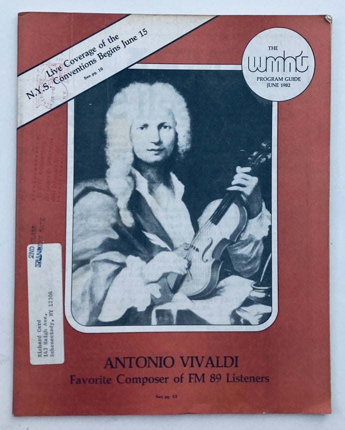 Cover of the WMHT Program Guide Magazine for June 1982, Vol 19 No. 6 featuring Antonio Vivaldi, illustrated with a vintage image of Vivaldi holding a violin, highlighting his significance as the favorite composer of FM 89 listeners.