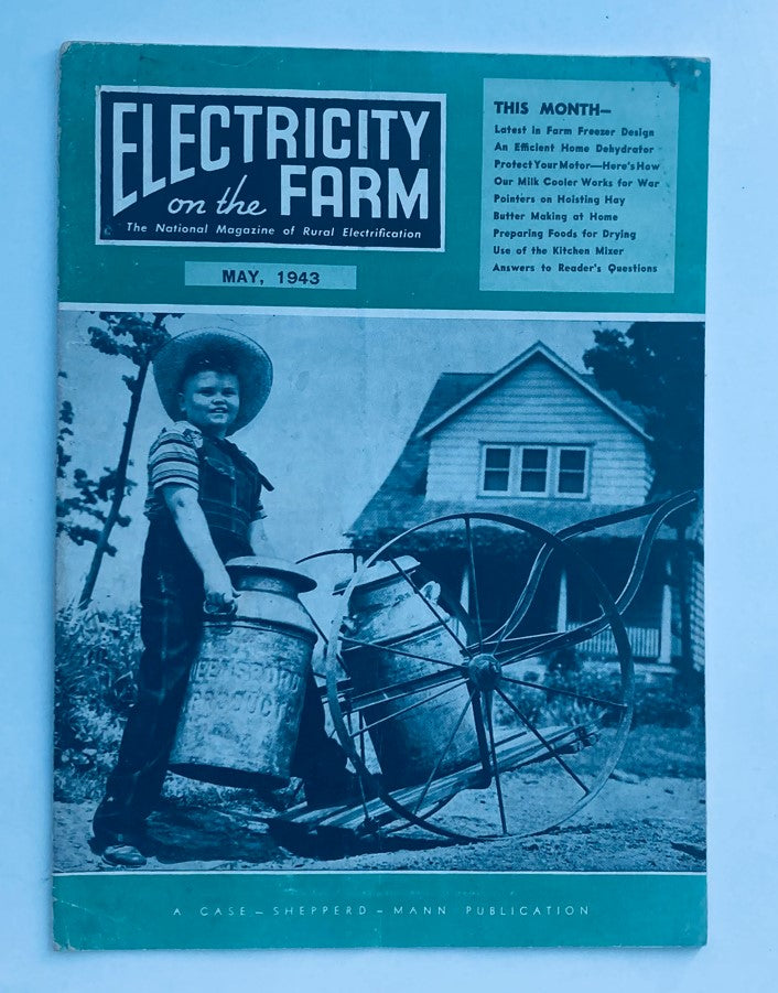 VTG Electricity on the Farm Magazine May 1943 cover featuring a young boy with milk cans and a farmhouse background, showcasing the latest in farm freezer design.