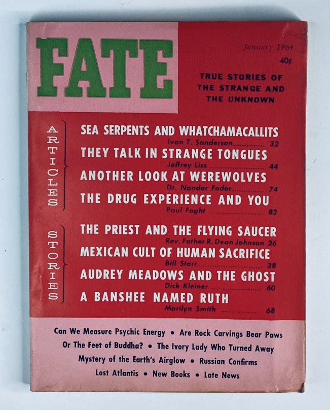 Cover of VTG Fate Magazine January 1964, Volume 17, Number 1, featuring the article 'A Banshee Named Ruth' along with other intriguing stories and articles about the supernatural, including sea serpents and werewolves.