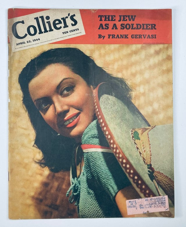 Cover of VTG Collier's Magazine April 22 1944, Volume 113, Number 17 featuring the title "The Jew As a Soldier" by Frank Gervasi, showcasing a woman smiling against a textured background.