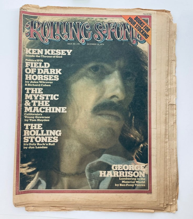 Vintage Rolling Stone Magazine cover from December 19, 1974, Issue No. 176 featuring George Harrison. The cover highlights articles on Ken Kesey, the Rolling Stones, and the mystic and the machine, showcasing the cultural significance of the era.
