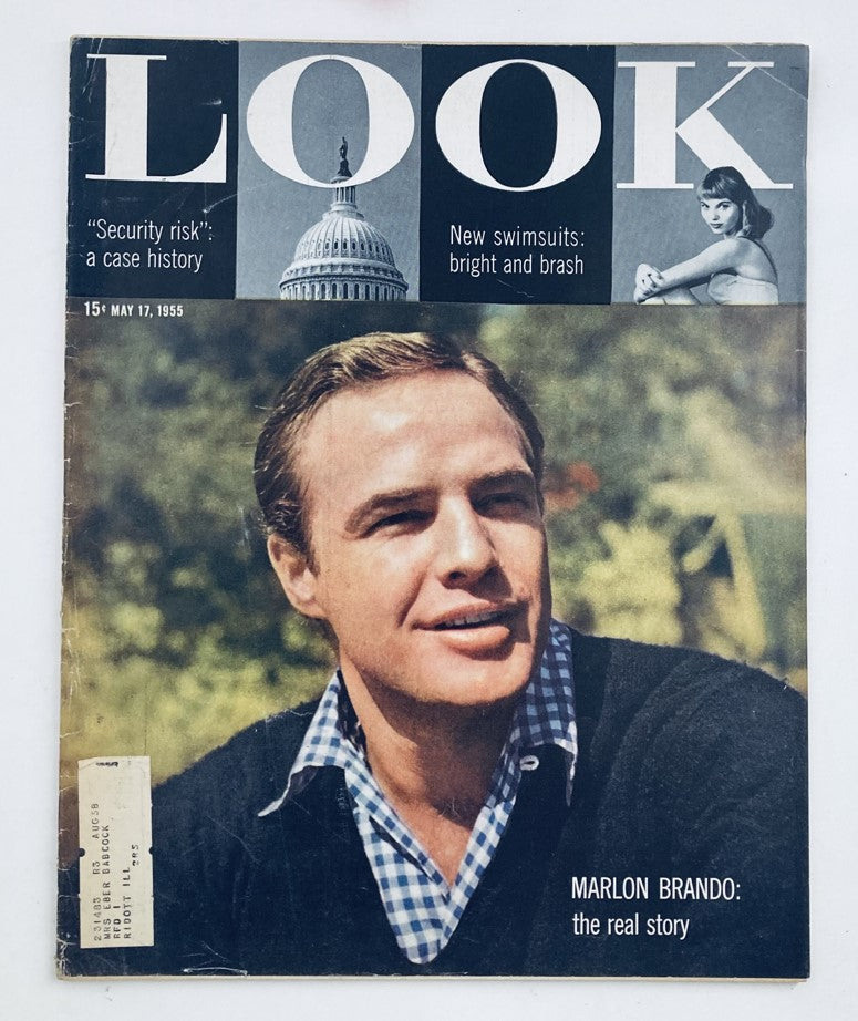 Cover of Look Magazine, May 17, 1955, featuring Marlon Brando with the title 'Marlon Brando: The Real Story' and images related to 1950s culture.