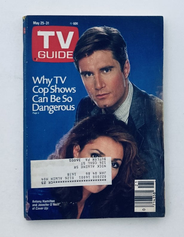 Cover of TV Guide Magazine May 25 1985 featuring Anthony Hamilton and Jennifer O'Neill, discussing the dangers of TV cop shows.