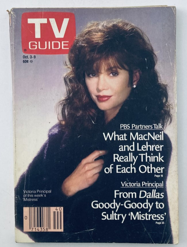 TV Guide Magazine October 3 1987 featuring Victoria Principal on the cover, showcasing her as a prominent figure with styled hair, highlighting articles on PBS Partners Talk and the character from Dallas.