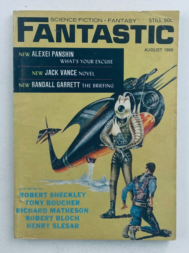 Cover of Fantastic Magazine August 1969 Vol 18 No. 6 featuring science fiction art and titles including stories by Alexei Panshin and Jack Vance.