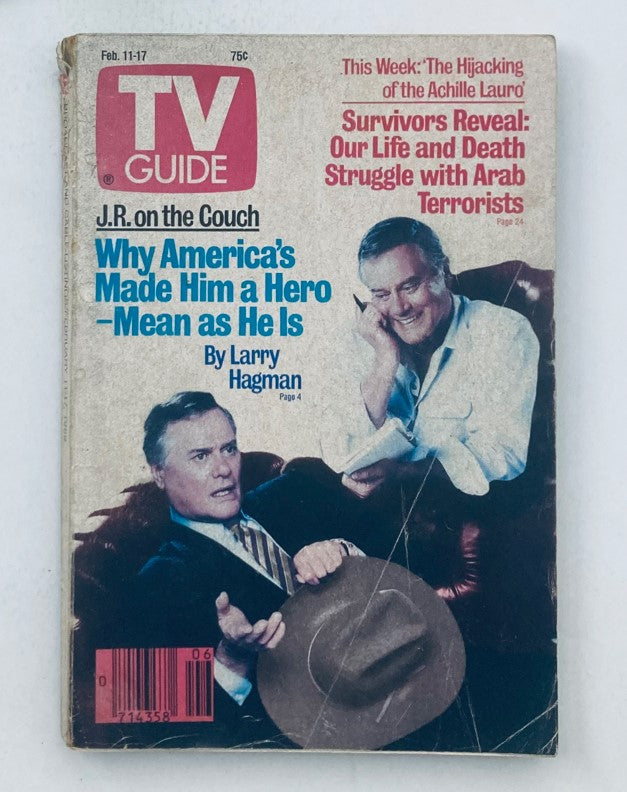 TV Guide Magazine February 11 1989 featuring Larry Hagman on the cover. The cover shows a dramatic scene with two characters discussing on a couch, highlighting the article 'Why America's Made Him a Hero - Mean as He Is' by Larry Hagman, capturing a piece of television history.